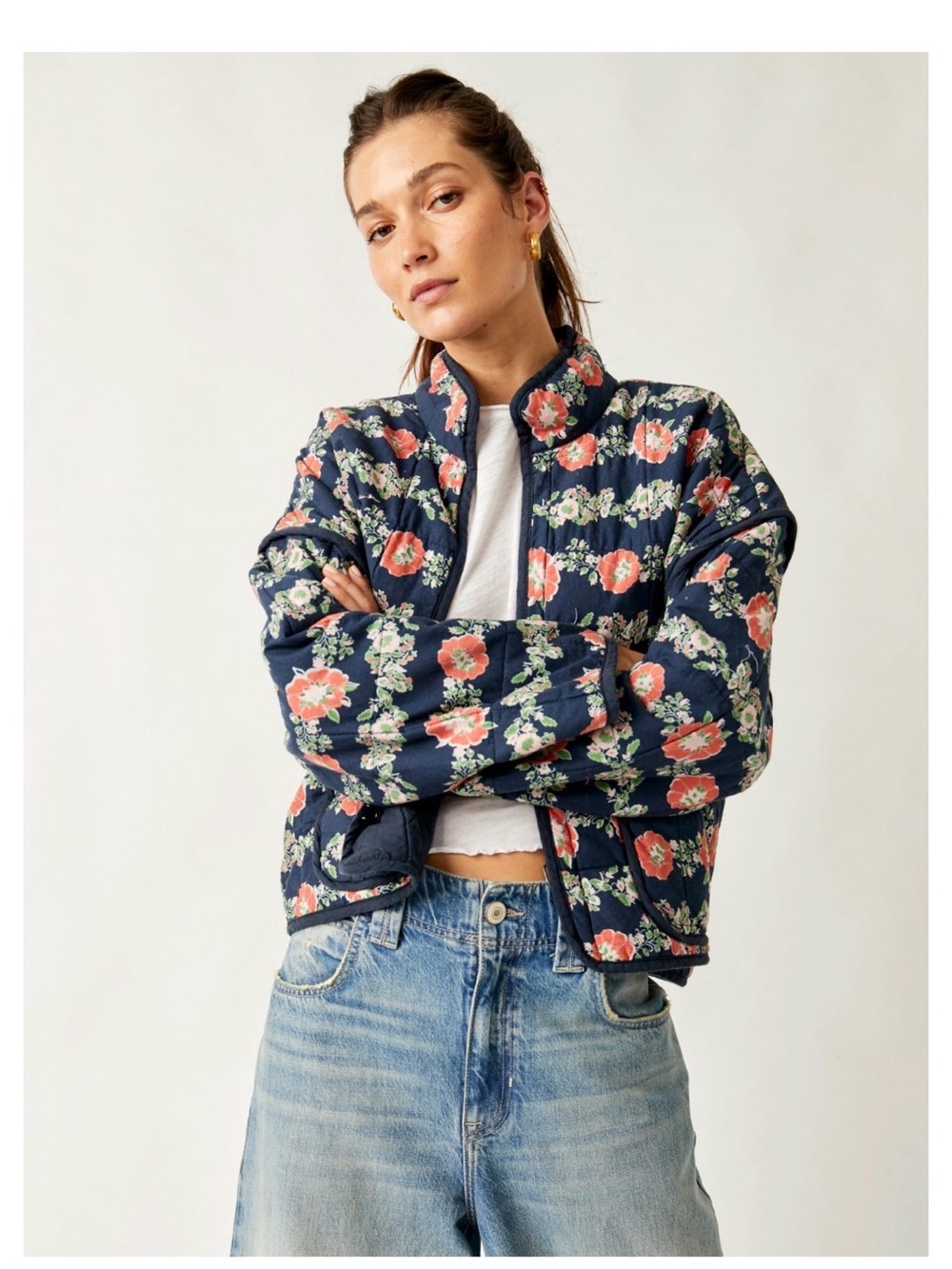 Free People Floral Quilted Jacket Navy Boho Cottagecore Size XS